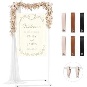 Wedding Welcome Sign Stand, 67" Tall Height - White Metal Sign Holder with 6 Leather Straps, Easel Stand for Seating Charts & Event Dcor