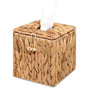 PINXIURY Tissue Box Cover Square Handwoven Rattan Tissue Box Holder, Natural Handmade, Boho Decorative Handcrafted Square Facial Tissue Holder with Lid, Rustic Decorative on Table and Bathroom, Office (Single)