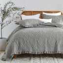 HORIMOTE HOME Dark Grey Ruffled Quilt Queen Size, Stone-Washed Microfiber Lightweight Crinkled Farmhouse Rustic Shabby Chic Bedding Set, 3 Pieces Reversible Bedspread with Pillow Shams for All Season