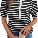 BLENCOT Summer T Shirt for Women Casual Puff Sleeve Button Down Ruffle Collar Striped Knit Blouse Tops (Black, L)
