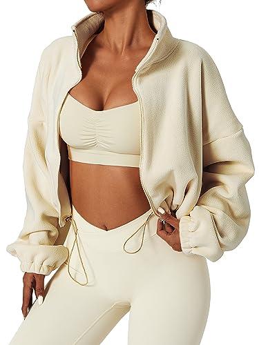 QINSEN Women's Full Zip Fleece Short Jacket Warm Winter Long Sleeve Stand Collar Sherpa Crop Coat, Mediu