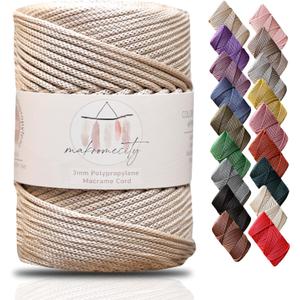 Makromecity, Premium Polyester Macrame Cord 3mm x 131 Yards (394 feet) 3mm Polypropylene Latte Macrame Cord Crochet Macrame Bag Cord Crafts for Wall Hangings, Bags, Underplate, Rug