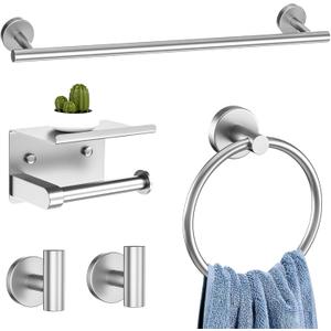 5-Piece Brushed Nickel Towel Bar Set Bathroom Hardware Set Includes Multi-Purpose Toilet Paper Holder 23.6in Towel Bar Towel Ring Towel Hooks Stainless Steel Wall-Mounted Bathroom Accessories