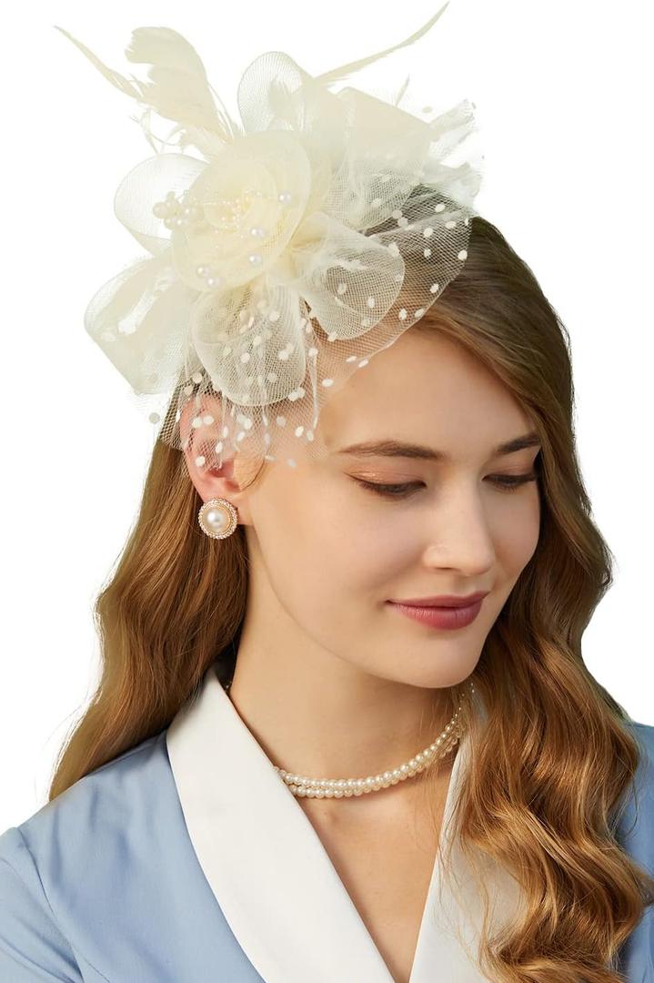 Cizoe Fascinators Hat for Women Tea Party Headband Kentucky Derby Wedding Flower Cocktail Mesh Feathers Hair Clip (1-beige)