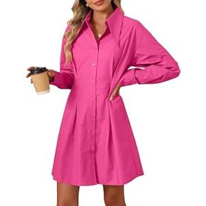 OUKODS Womens Button Down Shirt Dresses Cotton Button Up Tunics Long Sleeve Solid High Low Blouse Waist Up Dress, Rose, Medium