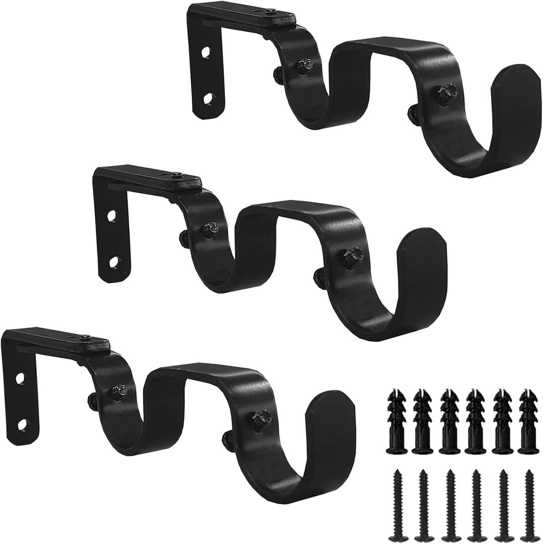 Heavy Duty Curtain Rod Brackets - Fits up to 1 inch, Adjustable Double Curtain Rod Holders, Set of 3, Black