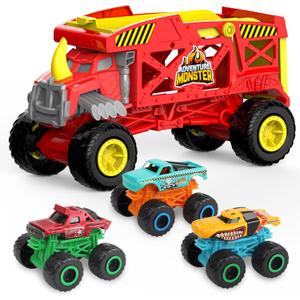4-in-1 Monster Truck Transport Carrier Playset, Red Mover Rhino Toy Cars Hauler Set for Children, Including 3 Diecast Monster Trucks, Ideal Gift for Kids 3+