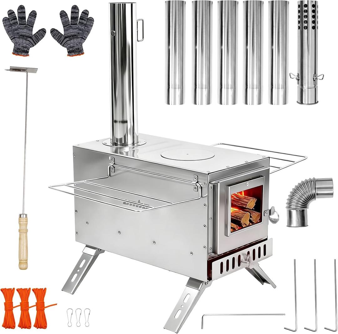 unho Stainless Hot Tent Stove： Prevent rusting 15in with 6 Chimney Pipes