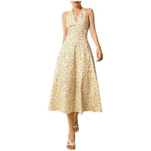 Floerns Women's Summer Floral A Line Halter Top Dress Tie Backless Ruched Midi Dresses Yellow Multi, Small