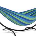 SUNCREAT Portable Outdoor Hammock with Stand Included, Double Hammock with Stand for Outside, Blue & Green Stripes