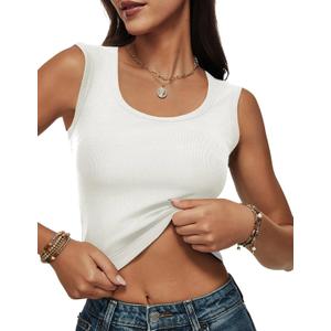 Women Wide Strap Ribbed Cropped Tank Tops 2026 Summer Trendy Crop Top Tight Fit Basic Sleeveless Camisole (White, M)