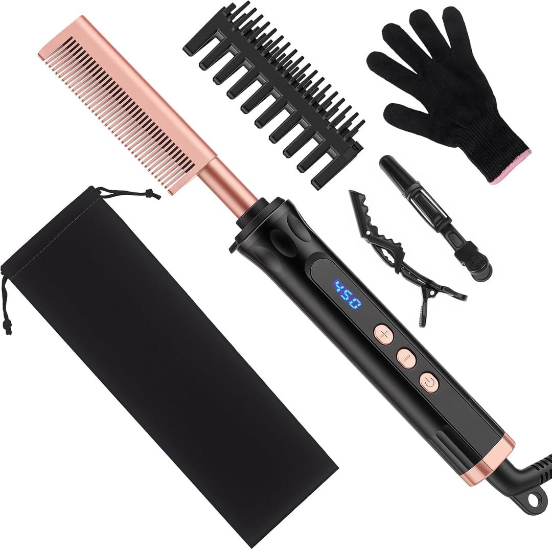 Hot Comb for Lace Front Wigs, Ceramic Electric Straightening Combs with 14 Temperature Settings & Auto Shut Off, Dual Voltage Travel Pressing Comb Set for Black Women Hair