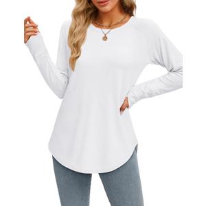 YUCOLEN Womens Long Sleeve Shirts with Thumb Hole Tunic Tops to Wear with Leggings Loose Fit with Crew Neck Curved Hem (White)