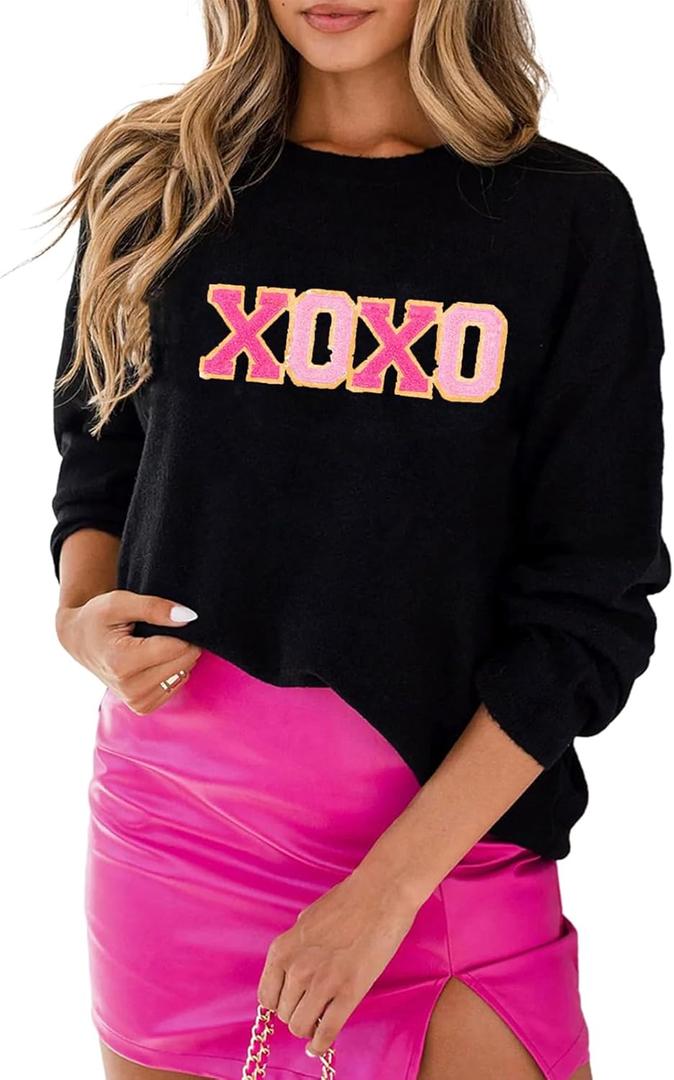 SELINK Women's Valentines Sweater Crew Neck XOXO Heart Print Casual Long Sleeve Pullover Tops Sweaters