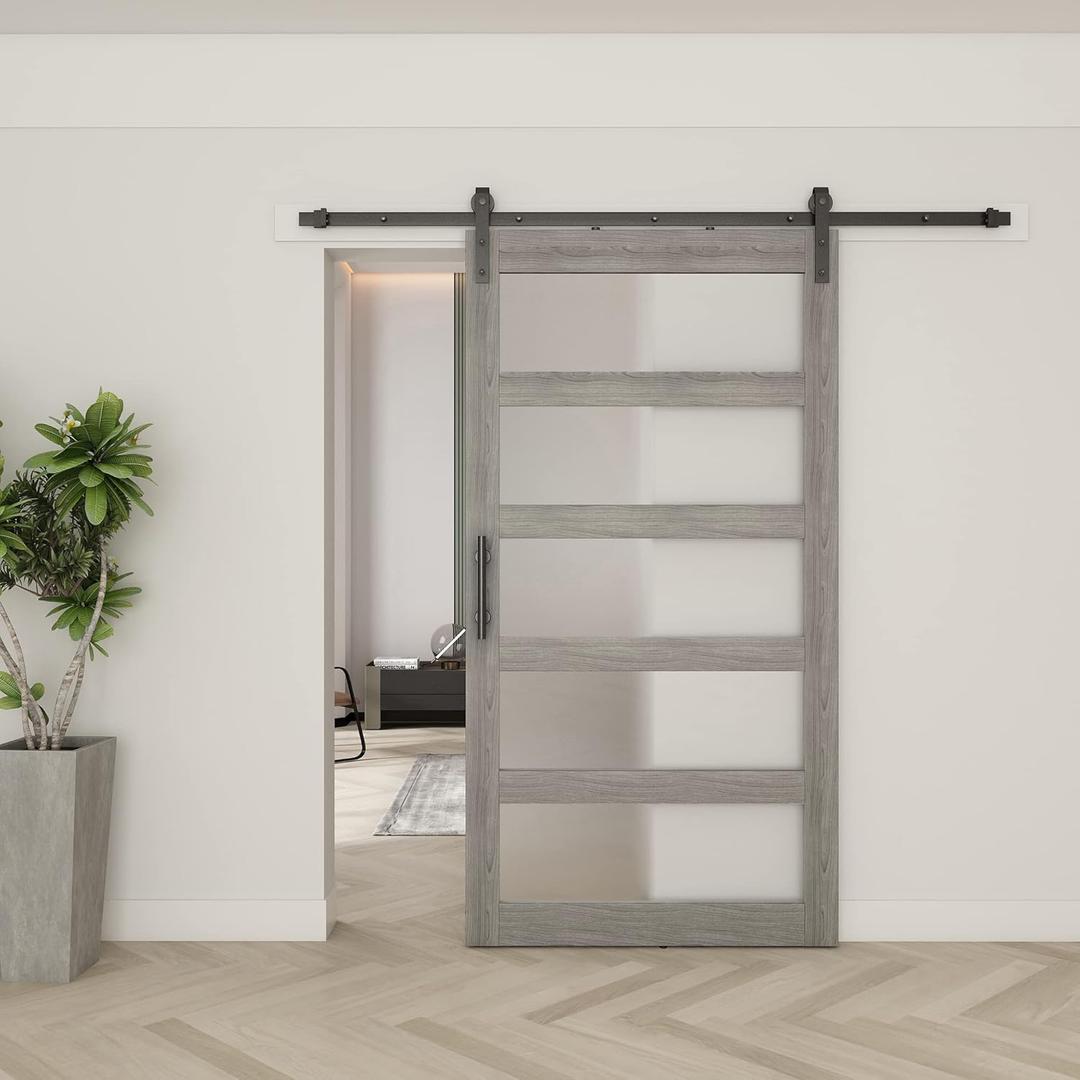BARNSMITH 48in x 96in Glass Barn Door and 8FT Sliding Door Hardware Included, 5-Panel Frosted Glass, Solid Wood Covered with Water-Proof PVC Surface, Easy Assembly, Grey (Gray)