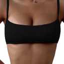 WDIRARA Women's Bandeau Swim Top Spaghetti Strap Ribbed Textured Wireless Bikini Tops L