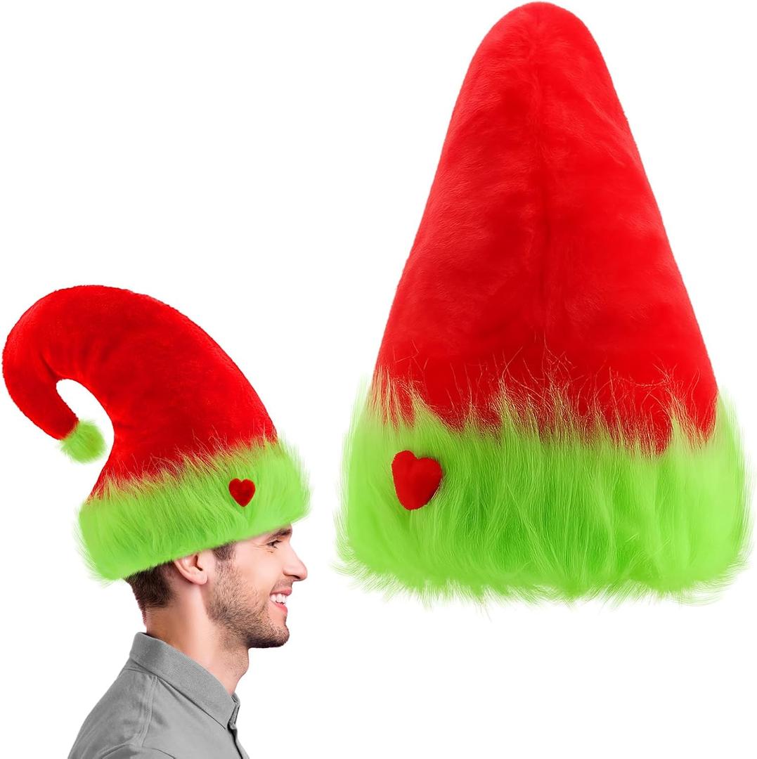 Soulchen Lime Green Christmas Santa Hat Novelty Furry Santa Hat with Red Heart Funny Monster Costume Accessories for Men Women Christmas Party Favors Photo Props