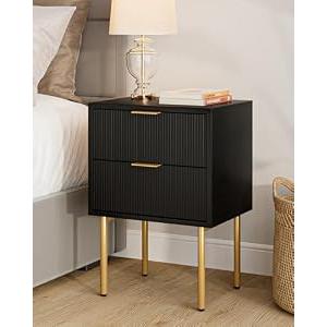 Masupu Nightstand, Mid-Century Modern Bedside Table with 2 Storage Drawer, Small Gold Frame Side End Table for Bedroom, Living Room, Black