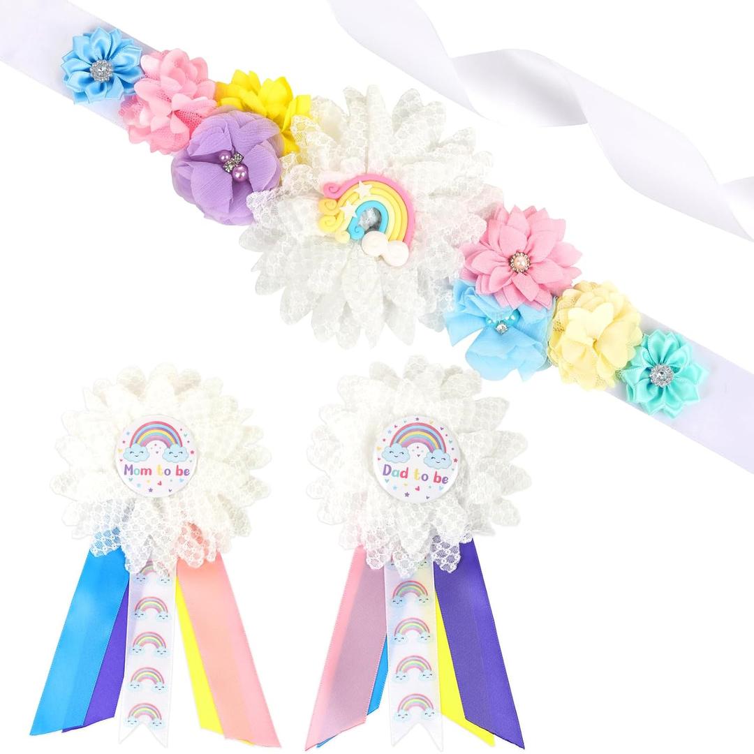 Rainbow Baby Shower Maternity Sash Kit, Pastel Rainbow Baby Shower Belly Belt and Mom to Be & Dad to Be Corsage Pins, Pregnancy Sash New Parents Photo Props Party Supplies