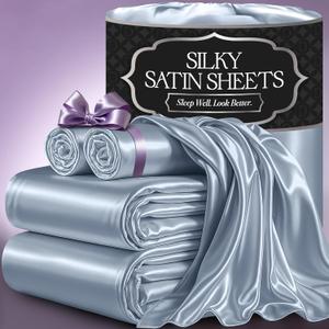 DECOLURE Satin Bed Sheets - 4 Piece Luxury Silky King Size Bedding Set - Softer Than Silk, Wrinkle-Free with 15 Deep Pocket Fitted Sheet, Perfect for Hair & Skin, Gifts for Women (Baby Blue)