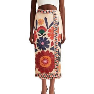 Womens Summer Wrap Midi Skirt Adjustable Ties High Waist A Line Casual Beach Boho Skirts Long Flared Floral Skirts(Red,S)