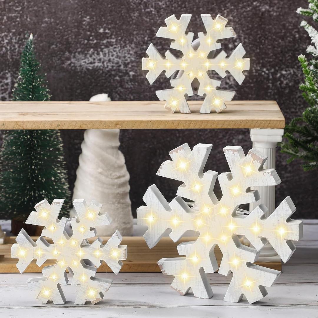 Baquler 3 Pcs Christmas Winter Snowflake Table Signs LED White Standing Wooden Snowflakes for Crafts Decor Christmas Snow for Country Farmhouse Home Photo Props(Rustic Style)