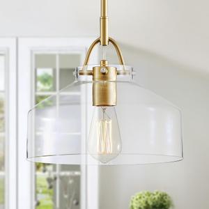 WUZUPS Chandelier Rustic Farmhouse Industrial Round Ceiling Pendant LED Light Fixture with Clear Glass Shades for Dining Room Kitchen Island Foyer Entryway, H 9.4" x W 10.6", E26 Base, Gold