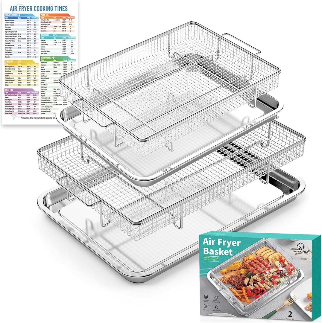 Air Fryer Basket for Oven, 25% Thicker, OPENICE 2 Set Oven Air Fryer Basket and Tray with Magnetic Cheat Sheet, Stainless Steel Air Fryer Pans and Crisper Tray for Convention (15.4"11.0" & 13.4"9.7")