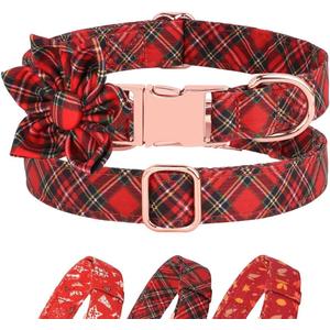 Beirui Cute Christmas Dog Collar with Removable Flower,Soft & Comfy Fall Dog Collar with Durable Metal Buckle,Holiday Girl Dog Collars for Small Medium Large Dogs(Plaid,L)