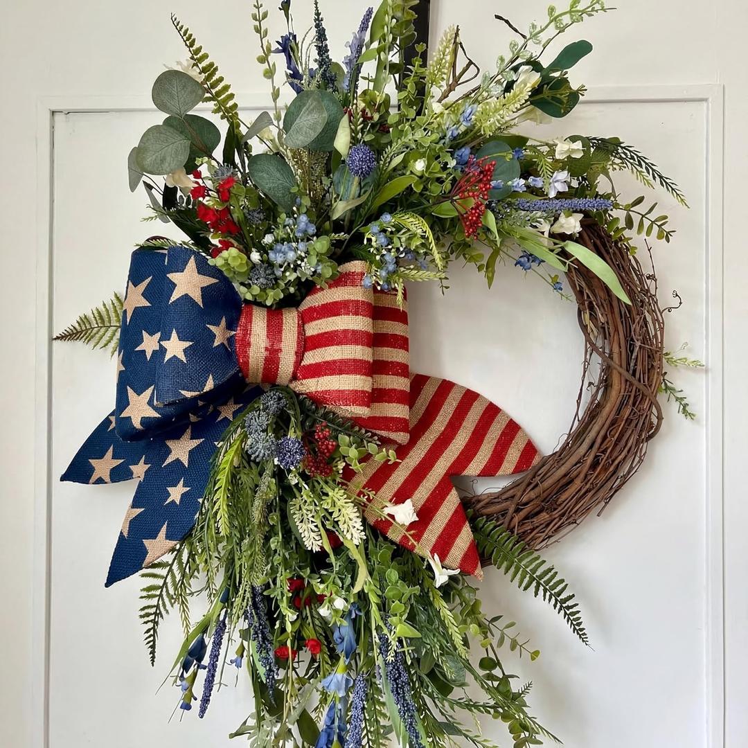 Suncalla Patriotic Wreath for Front Door Red White Blue Flowers Outdoor 250th Anniversary 4th of July American Flag Bow Wreath for Memorial Day Independence Day Inside Outside Home Decor