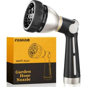 FANHAO Garden Hose Nozzle 100% Heavy Duty Metal, Water Hose Sprayer High Pressure with 8 Spray Patterns, Thumb Control, On Off Valve for Garden Watering, Car and Pet Washing (Black)