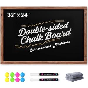 2-in-1 Double-Sided Magnetic Chalkboard 36"x24", Chalk Calendar Board & Large Blackboard for Kitchen & Home Decor, Schedule, Menu, Back-to-School Gift - Hanging Chalk Board with 2 Liquid Pens, Brown