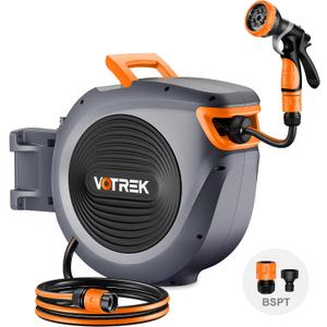 Retractable Garden Hose Reel Outside [1/2 inch 100 FT], VOTREK Automatic Rewind Wall Mounted Hose Reel [Heavy Duty] with Any Length Lock, 180 Swivel Bracket, 9 Modes Nozzle for Watering Cleaning