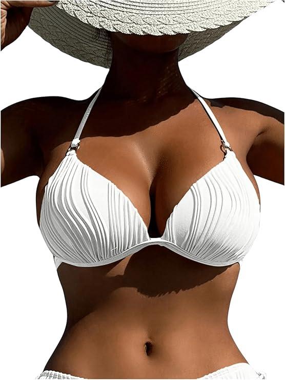 Women's Textured Halter Bikini Top Tie Backless Triangle Bathing Suit Tops, M