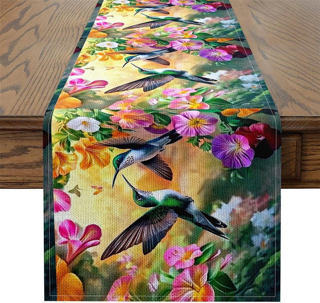 Hummingbird Table Runner Farmhouse Tropical Birds Spring Floral Cloth for Dining Tables - Watercolor Flowers Rustic Aesthetic Animal Table Mat 90"x13"