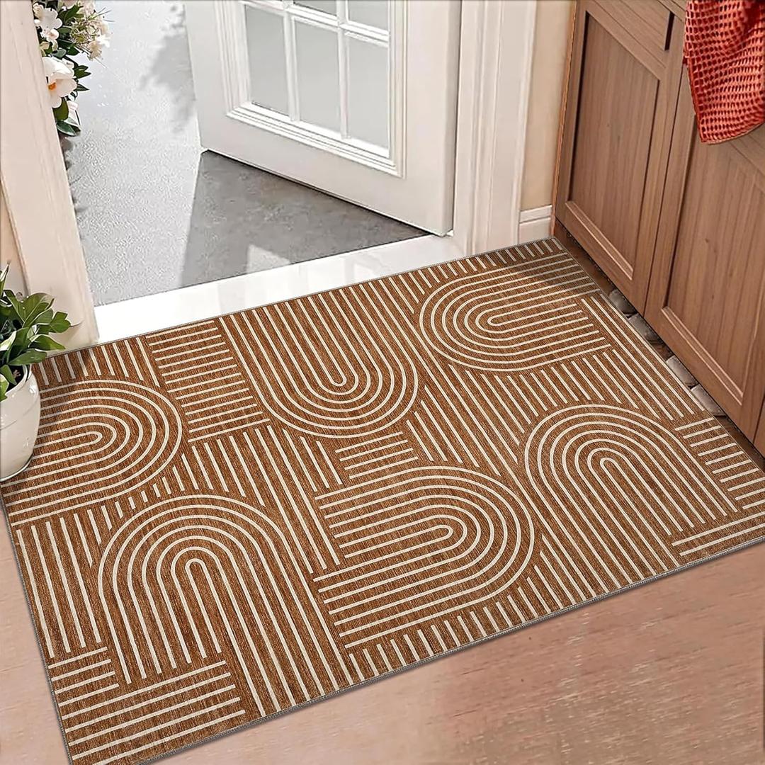 Washable Rug 2x3 Area Rugs for Entryway, Abstract Rug for Bedroom, Soft Rainbow Non Slip Small Area Rug with Rubber Back, Low Pile Stain Resistant Boho Geometric Carpet for Dining Room, Ash (Copper)