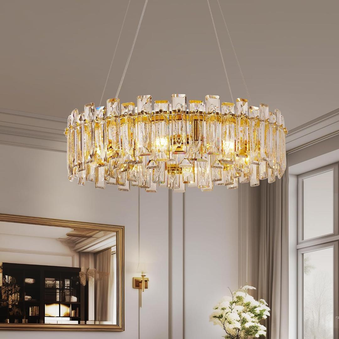 Modern Luxury K9 Crystal Chandelier 8-Lights Gold Round Pendant Light Easy Install Ceiling Hanging Light Fixture for Dining Living Room Kitchen Island Entryway Foyer D23.6