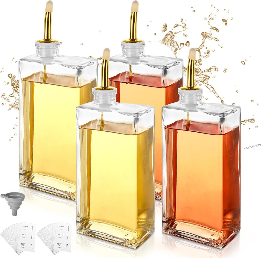 4 PCS Glass Olive Oil Dispenser Bottle for Kitchen 17 Oz/ 500 Ml Olive Oil and Vinegar Dispensers Bottle Set Gold Cooking Oils Dispensers 17 Oz Oils Container Kitchen