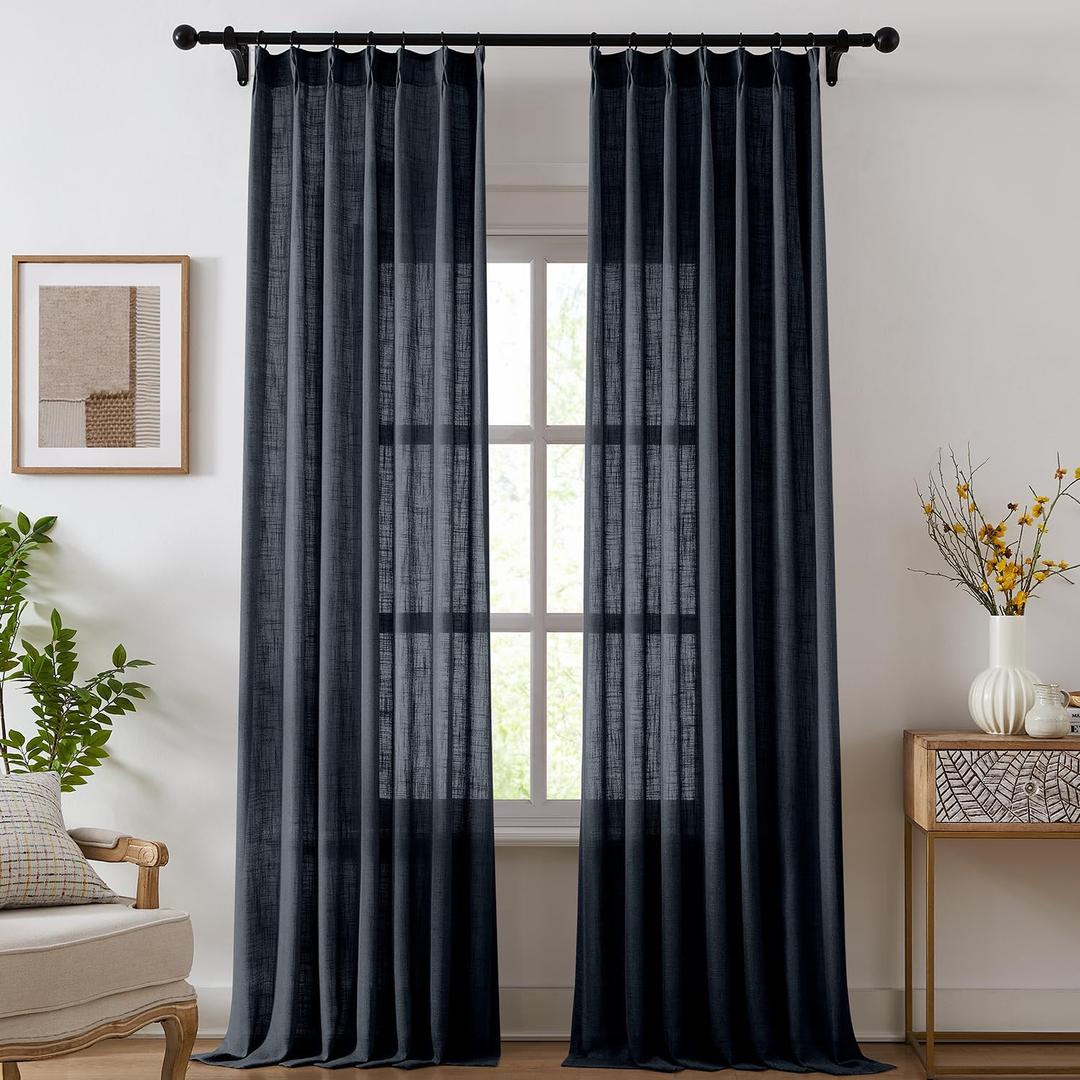 Pinch Pleated Linen Curtains for Living Room, Light Filtering Sheer Curtains 90 inches Long, Farmhouse Natural Pinch Pleat Drapes, Semi Sheer Window Navy Blue Curtain with Hooks 2 Panels