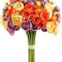 Ranunculus Artificial Flower Colorful Faux Silk Mini Ranunculus Bulk Fake Wedding Filler Flowers for DIY Bouquets, Centerpieces Arrangements 15Pcs Orange Purple Yellow