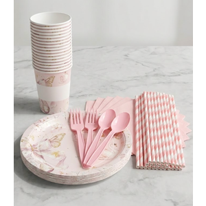 250 Pcs Pink Paper Plates and Napkins - 50 Guest Light Pink Party Supplies Include Scalloped Plates Cups Plastic Spoons Forks Knives for Baby Shower Birthday Party