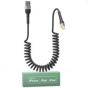 Coiled iPhone Lightning Cable for Apple CarPlay, Coiled USB to Lightning Cable with MFi, Coiled Lightning Cable with Data Transmission & Yellow LED, Retractable iPhone Charger Cord for iPhone/Pad/Pod