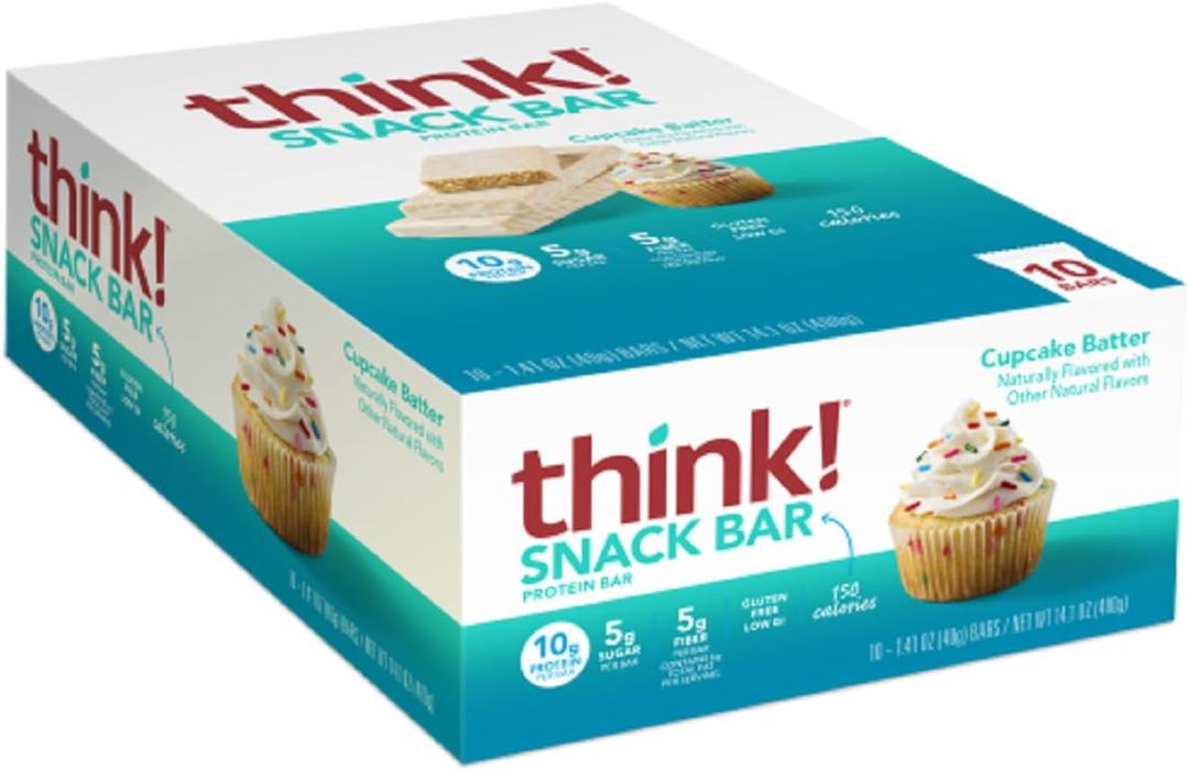 think! Protein Bars with Chicory Root for Fiber, Digestive Support, Gluten Free with Whey Protein Isolate, Cupcake Batter, Snack Bars without Artificial Sweeteners, 1.4 Oz (10 Count) (EXP 12/16/25)