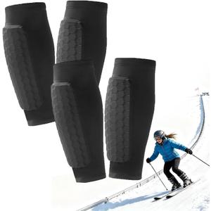 2 Pairs Ski Shin Guards, Soccer Shin Guards Pads for Kids Youth Adult Calf Compression Sleeve with Honeycomb Pads Lightweight Calf Protective Gear for Soccer &Ski Shin Pads Gear for Boys, Girls (Medium, Black+Black)