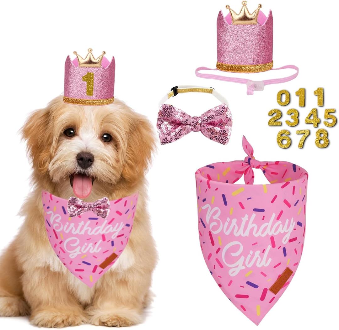 PTDECOR Dog Birthday Party Supplies, Multi Size Birthday Girl Bandana, Pink Crowns Hat Set for Small Pets (Small)