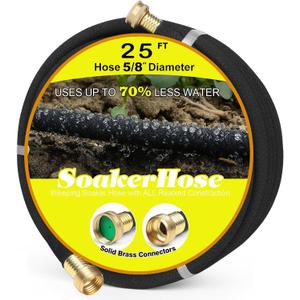 Soaker Hose 25FT 5/8" Diameter for Garden Beds Solid Brass Interface Irrigation Save 70% Water Heavy Duty Rubber Great for gardens/flower beds