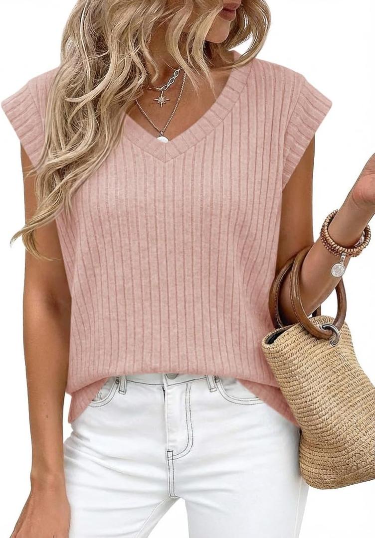 Cicy Bell Womens Ribbed Cap Sleeve Tank Tops V Neck Knit Summer Casual Shirts Lightweight Pullover Sweater Vest (Pink, S)