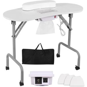 AGESISI Portable Manicure Table Nail Desk with Charging Station & Dust Collector, Foldable Nail Tech Table for Technician Spa Salon Workstation with Wrist Pad 4 Lockable Wheels, 36-inch, White