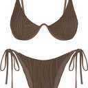 ZAFUL Women's Bikini Sets Ribbed Two Piece Swimsuits Underwire Adjustable Back Clasp Bathing Suit Side Tie Thong Swimwear (Large, Deep Coffee)
