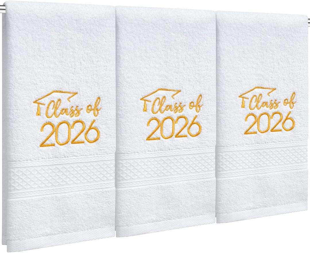 MASHAN Class of 2026 Graduation Hand Towels 3 Pack,100% Cotton Soft Absorbent Bathroom Towels,Senior 2026 Graduation Gift for Girls Boys,Gold Decorative Towels 14x30 Inch